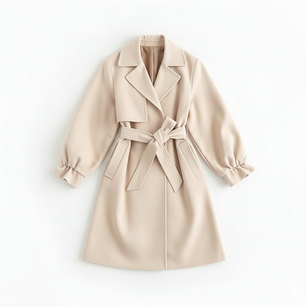 Abrigo color beige con cinturón y mangas abullonadas.
